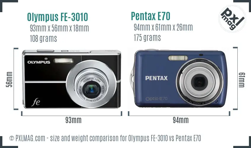 Olympus FE-3010 vs Pentax E70 size comparison