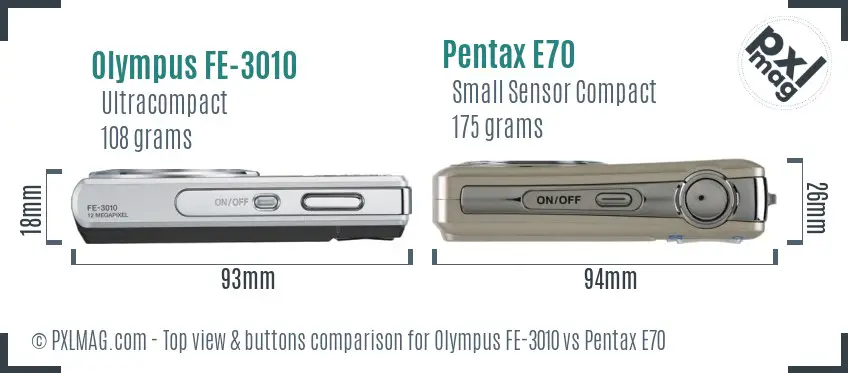 Olympus FE-3010 vs Pentax E70 top view buttons comparison