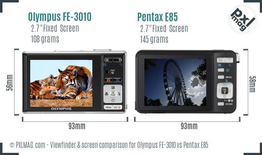 Olympus FE-3010 vs Pentax E85 Screen and Viewfinder comparison