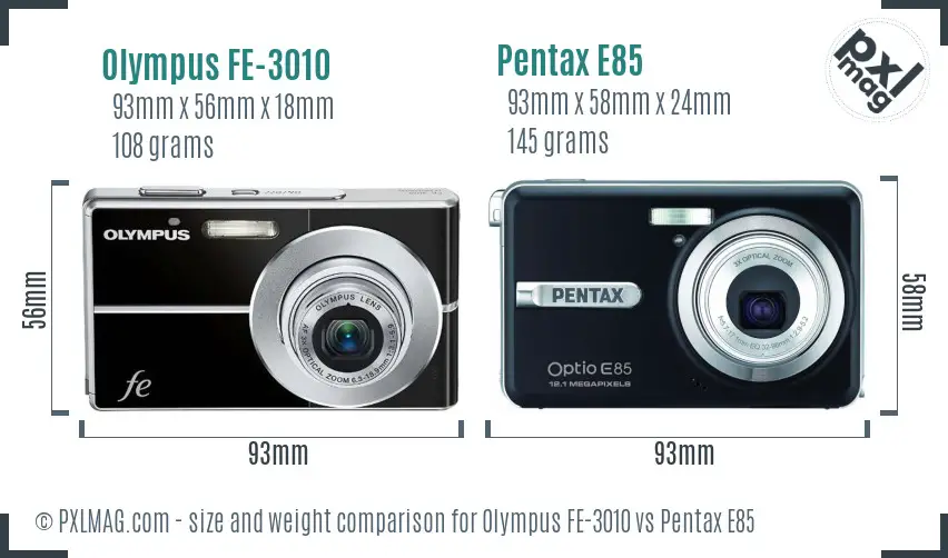 Olympus FE-3010 vs Pentax E85 size comparison