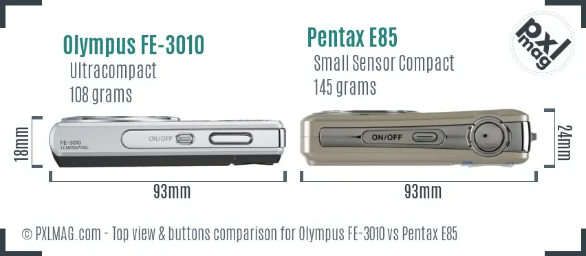Olympus FE-3010 vs Pentax E85 top view buttons comparison