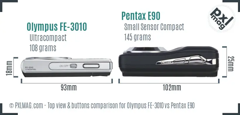 Olympus FE-3010 vs Pentax E90 top view buttons comparison