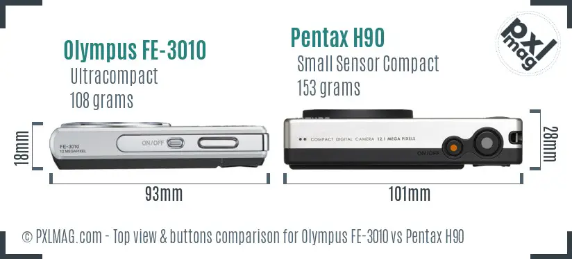 Olympus FE-3010 vs Pentax H90 top view buttons comparison