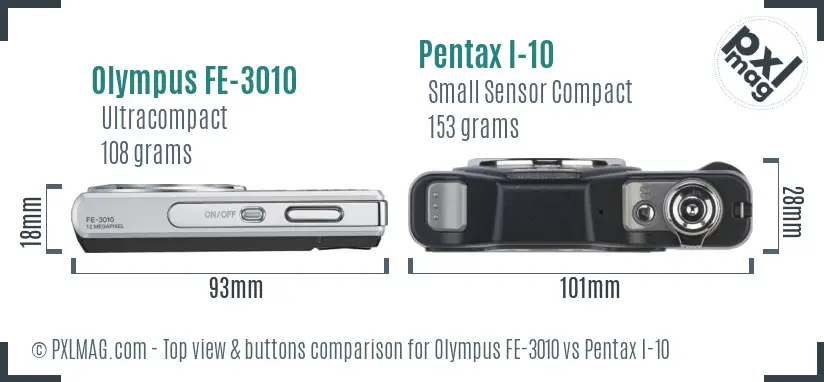 Olympus FE-3010 vs Pentax I-10 top view buttons comparison