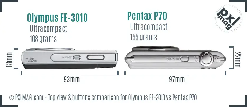Olympus FE-3010 vs Pentax P70 top view buttons comparison