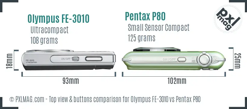 Olympus FE-3010 vs Pentax P80 top view buttons comparison