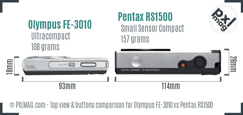 Olympus FE-3010 vs Pentax RS1500 top view buttons comparison
