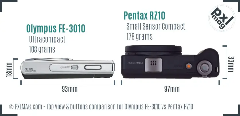 Olympus FE-3010 vs Pentax RZ10 top view buttons comparison
