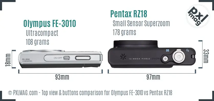 Olympus FE-3010 vs Pentax RZ18 top view buttons comparison