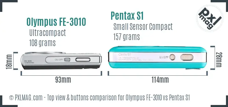 Olympus FE-3010 vs Pentax S1 top view buttons comparison