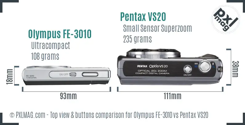 Olympus FE-3010 vs Pentax VS20 top view buttons comparison