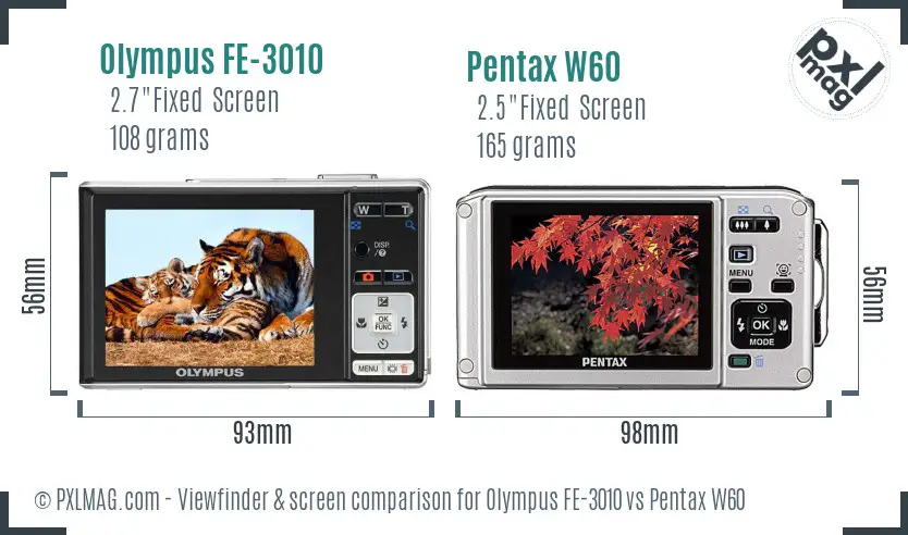 Olympus FE-3010 vs Pentax W60 Screen and Viewfinder comparison