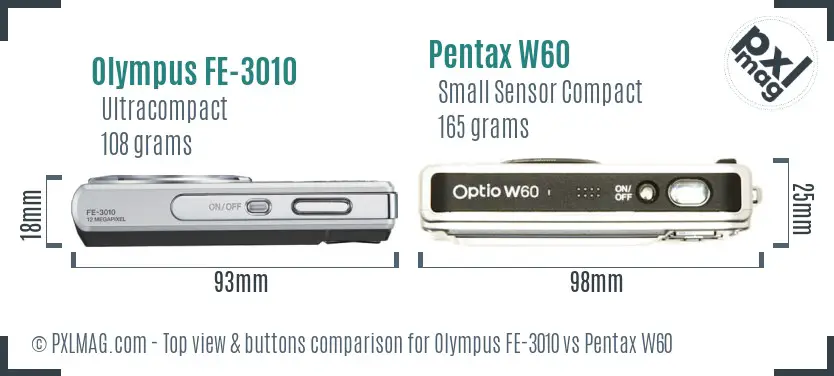 Olympus FE-3010 vs Pentax W60 top view buttons comparison