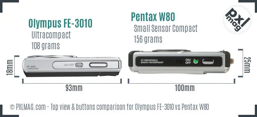 Olympus FE-3010 vs Pentax W80 top view buttons comparison