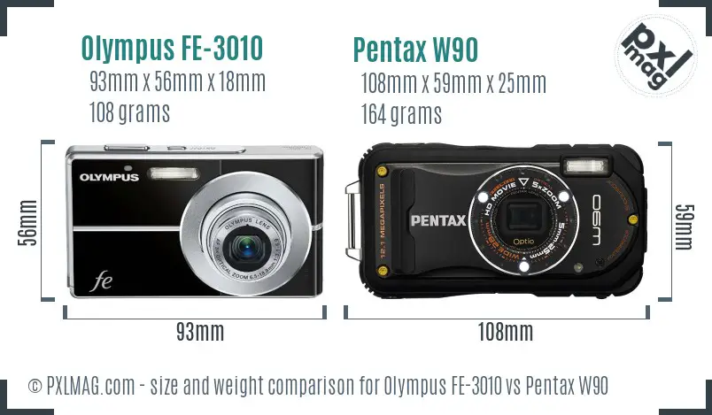 Olympus FE-3010 vs Pentax W90 size comparison