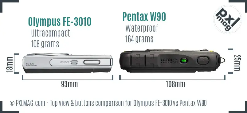 Olympus FE-3010 vs Pentax W90 top view buttons comparison