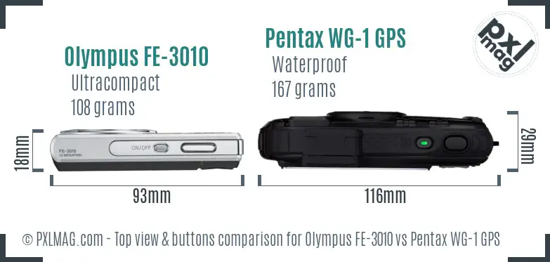 Olympus FE-3010 vs Pentax WG-1 GPS top view buttons comparison