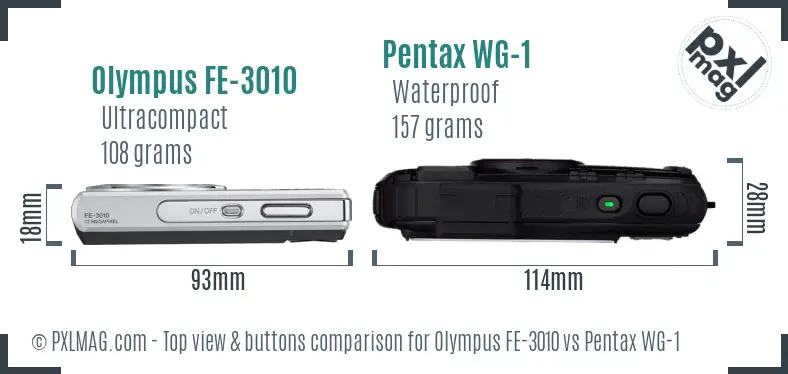 Olympus FE-3010 vs Pentax WG-1 top view buttons comparison