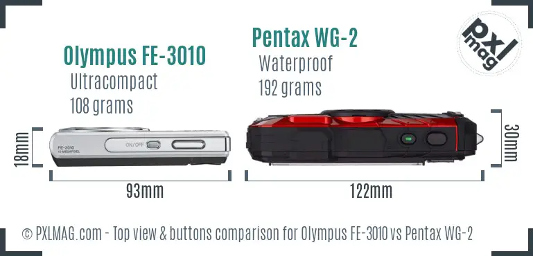 Olympus FE-3010 vs Pentax WG-2 top view buttons comparison