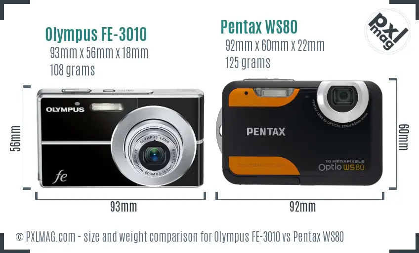 Olympus FE-3010 vs Pentax WS80 size comparison