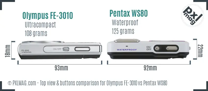 Olympus FE-3010 vs Pentax WS80 top view buttons comparison
