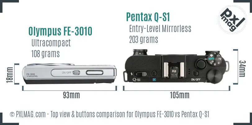 Olympus FE-3010 vs Pentax Q-S1 top view buttons comparison