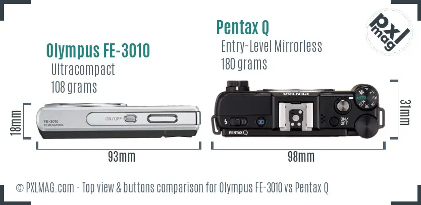Olympus FE-3010 vs Pentax Q top view buttons comparison