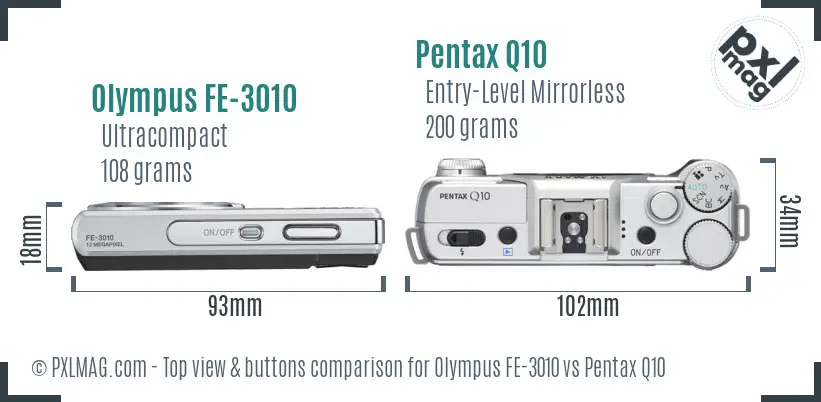 Olympus FE-3010 vs Pentax Q10 top view buttons comparison