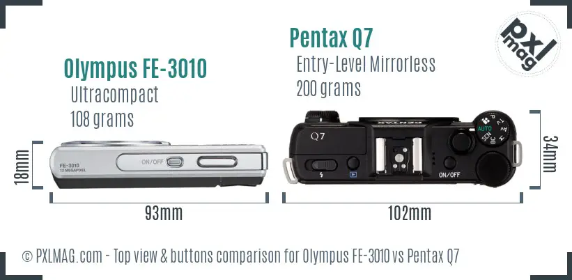 Olympus FE-3010 vs Pentax Q7 top view buttons comparison
