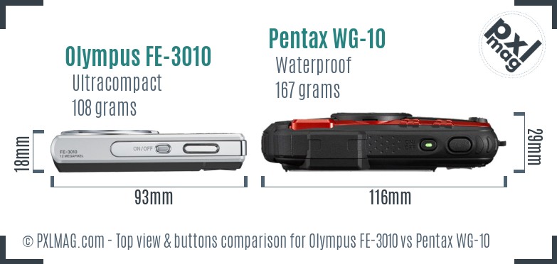 Olympus FE-3010 vs Pentax WG-10 top view buttons comparison