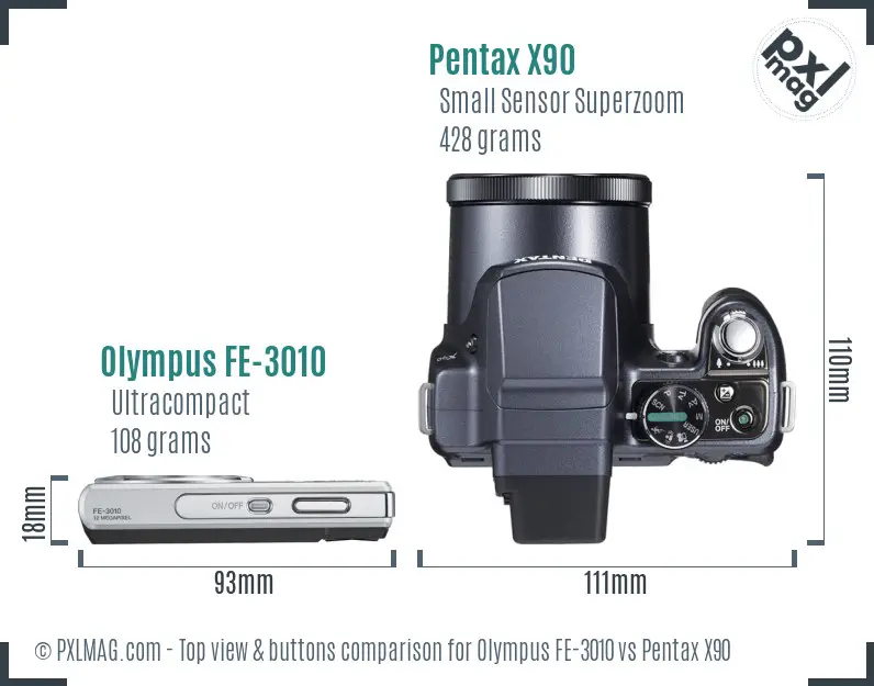 Olympus FE-3010 vs Pentax X90 top view buttons comparison