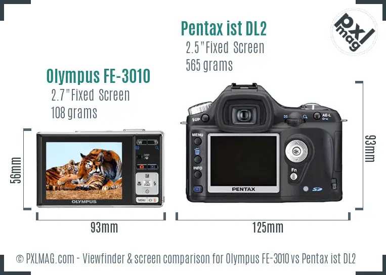 Olympus FE-3010 vs Pentax ist DL2 Screen and Viewfinder comparison