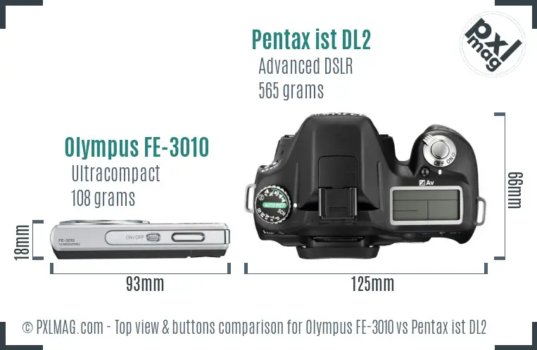 Olympus FE-3010 vs Pentax ist DL2 top view buttons comparison