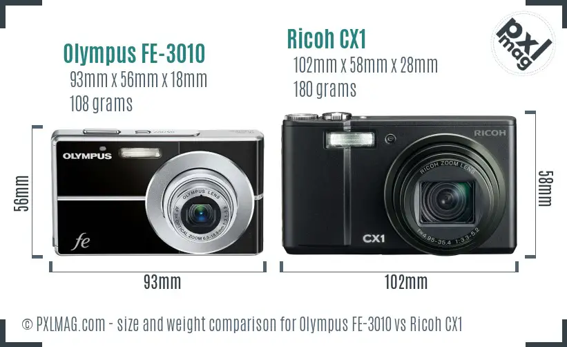 Olympus FE-3010 vs Ricoh CX1 size comparison