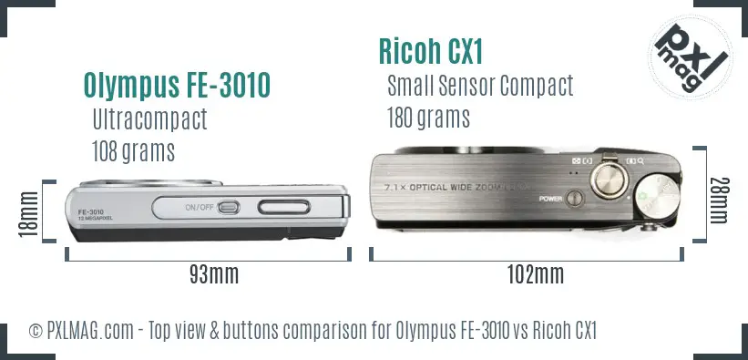 Olympus FE-3010 vs Ricoh CX1 top view buttons comparison