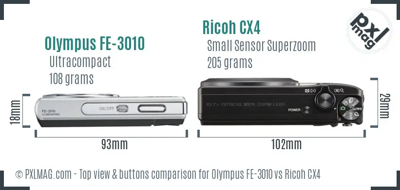 Olympus FE-3010 vs Ricoh CX4 top view buttons comparison