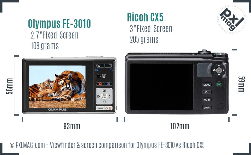 Olympus FE-3010 vs Ricoh CX5 Screen and Viewfinder comparison