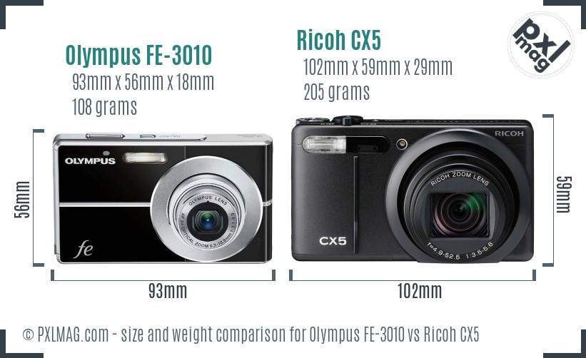 Olympus FE-3010 vs Ricoh CX5 size comparison