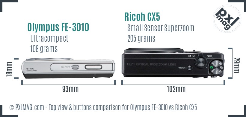 Olympus FE-3010 vs Ricoh CX5 top view buttons comparison