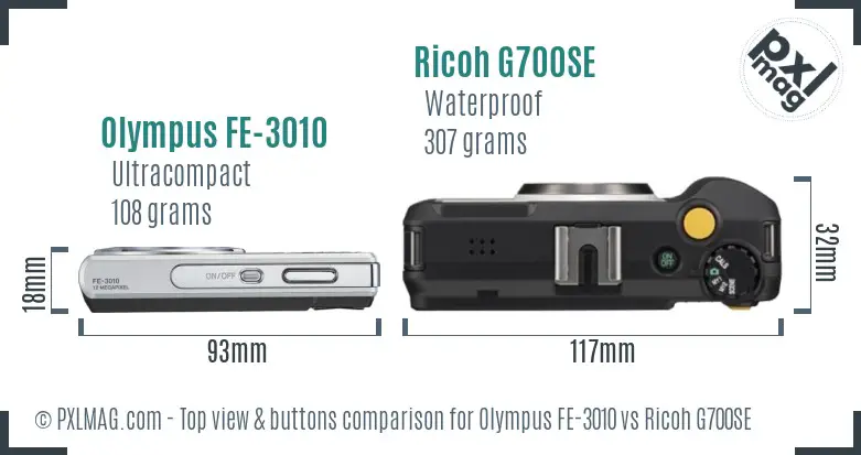 Olympus FE-3010 vs Ricoh G700SE top view buttons comparison