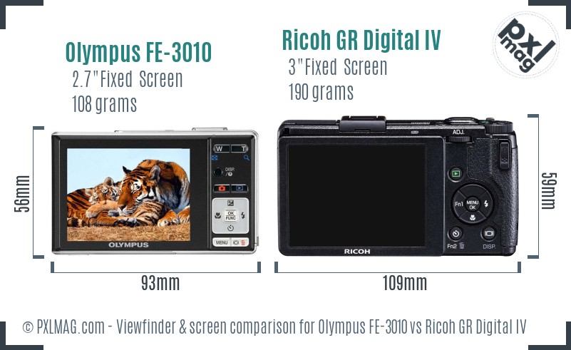 Olympus FE-3010 vs Ricoh GR Digital IV Screen and Viewfinder comparison
