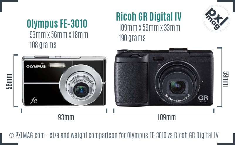Olympus FE-3010 vs Ricoh GR Digital IV size comparison