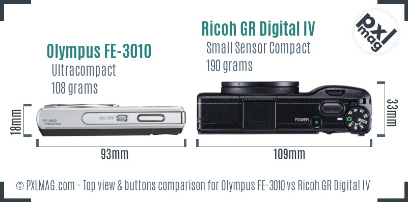 Olympus FE-3010 vs Ricoh GR Digital IV top view buttons comparison