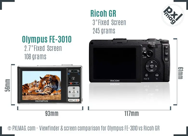 Olympus FE-3010 vs Ricoh GR Screen and Viewfinder comparison