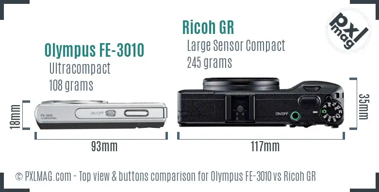 Olympus FE-3010 vs Ricoh GR top view buttons comparison