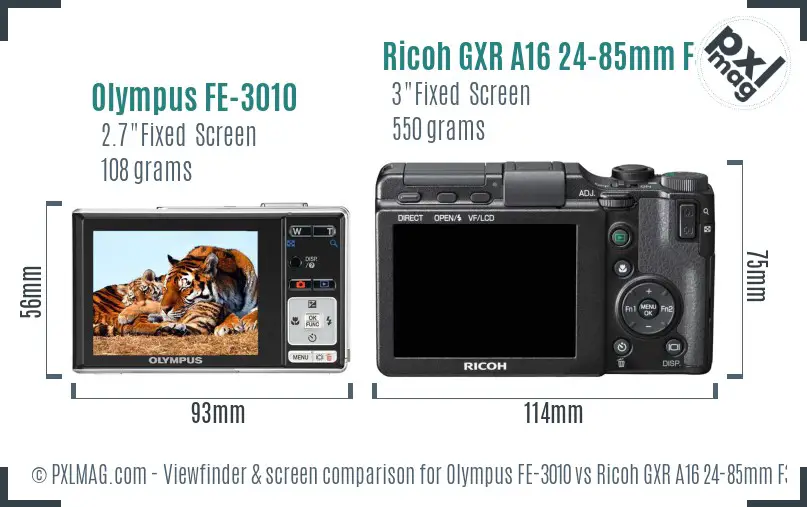 Olympus FE-3010 vs Ricoh GXR A16 24-85mm F3.5-5.5 Screen and Viewfinder comparison
