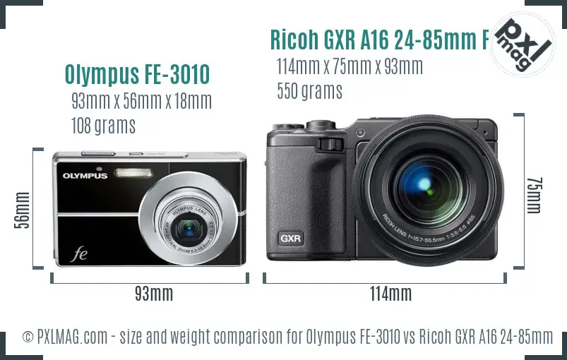 Olympus FE-3010 vs Ricoh GXR A16 24-85mm F3.5-5.5 size comparison