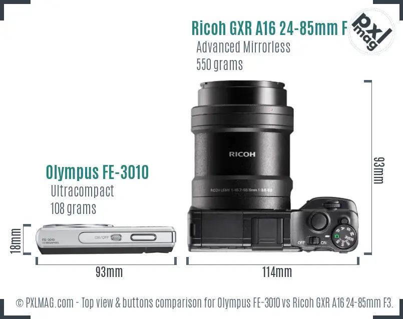 Olympus FE-3010 vs Ricoh GXR A16 24-85mm F3.5-5.5 top view buttons comparison