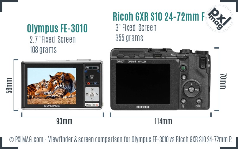 Olympus FE-3010 vs Ricoh GXR S10 24-72mm F2.5-4.4 VC Screen and Viewfinder comparison
