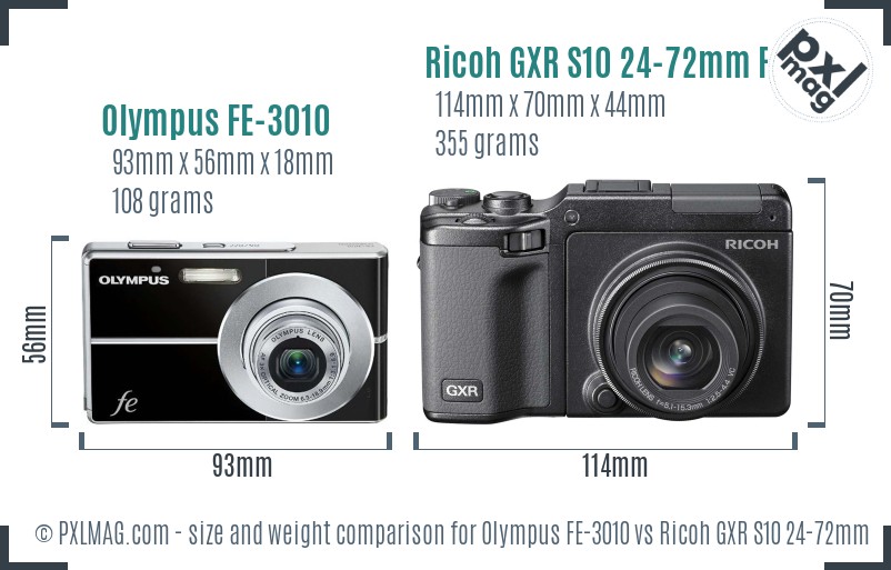 Olympus FE-3010 vs Ricoh GXR S10 24-72mm F2.5-4.4 VC size comparison